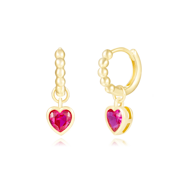 goudkleurige bolletjes oorringen met roze hart hangers | echt zilver + laagje goud